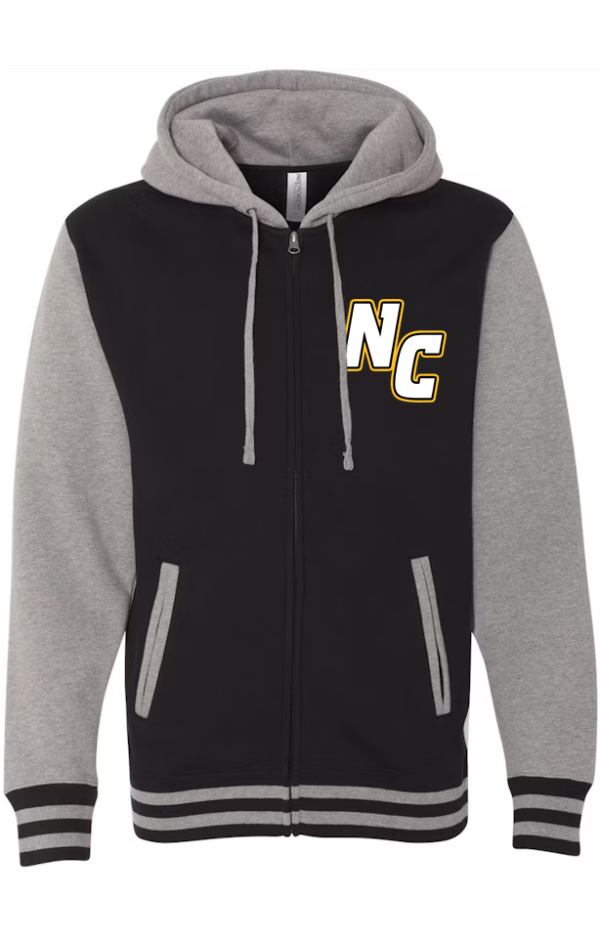 New Cumberland Varsity Jacket zip up hoodie with white, black & gold logo