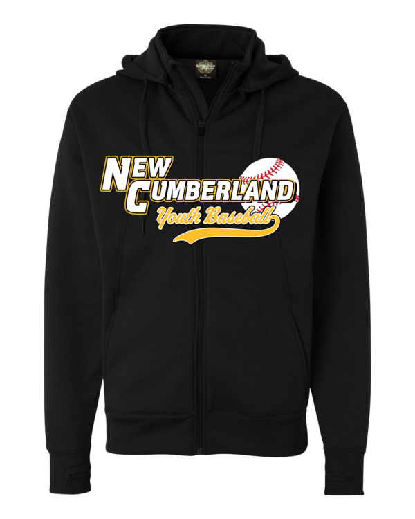 Hi Tech Zip Up Hoodie with New Cumberland logo in white, black and gold
